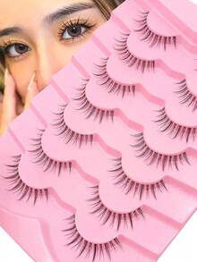 7 Pairs Natural Lightweight Clear Band Lashes, Wispy Lashes, Full Strip Soft Natural Realistic Korean Style Girl Group False Eyelashes - Black - View 6