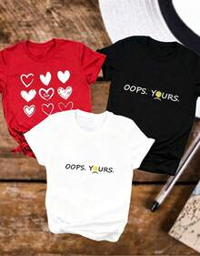 Artículo de moda: Camiseta casual de 3 piezas/set de camisetas de manga suitable for streetwear, Top oversized cuello redondo daily outings, camping, concerts, hip-hop, rock, and rap events manga corta para mujer, con estampado de corazón y "Oops Yours", cuello redondo, de algodón puro, transpirable, estilo deportivo informal, ideal como regalo para las vacaciones, camiseta de primavera con diseño de mariposa para Pascua, camiseta para mujer. - Negro - Ver 1
