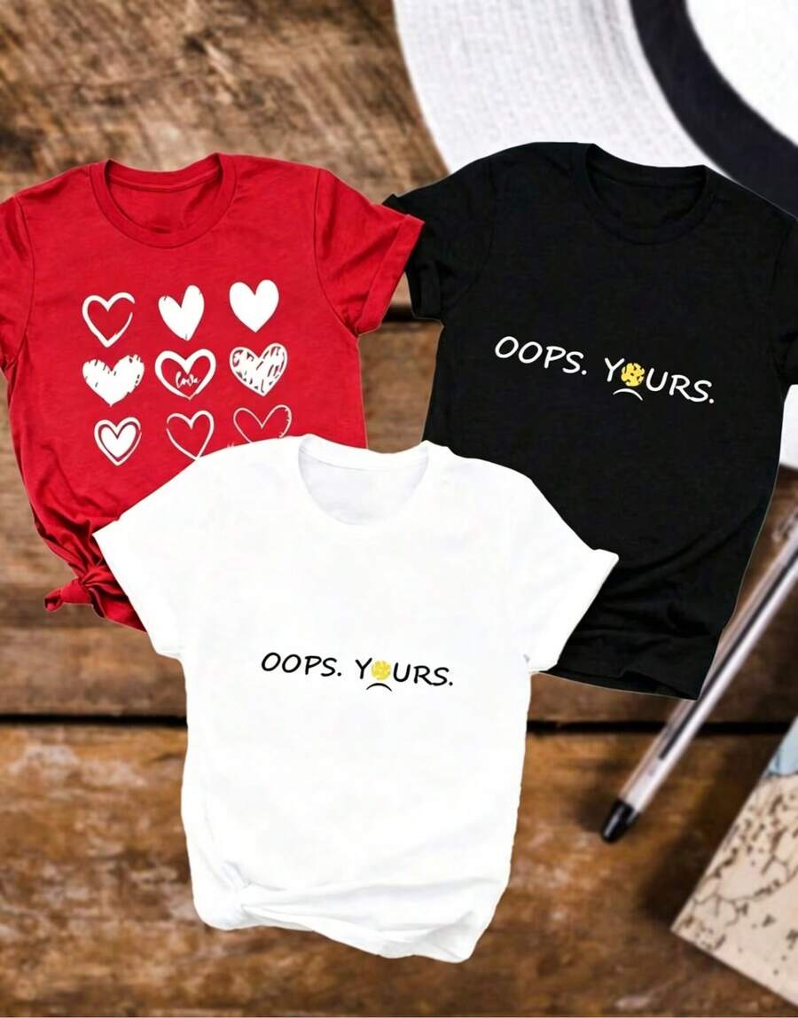 Artículo de moda: Camiseta casual de 3 piezas/set de camisetas de manga suitable for streetwear, Top oversized cuello redondo daily outings, camping, concerts, hip-hop, rock, and rap events manga corta para mujer, con estampado de corazón y "Oops Yours", cuello redondo, de algodón puro, transpirable, estilo deportivo informal, ideal como regalo para las vacaciones, camiseta de primavera con diseño de mariposa para Pascua, camiseta para mujer. - Negro - Ver 1