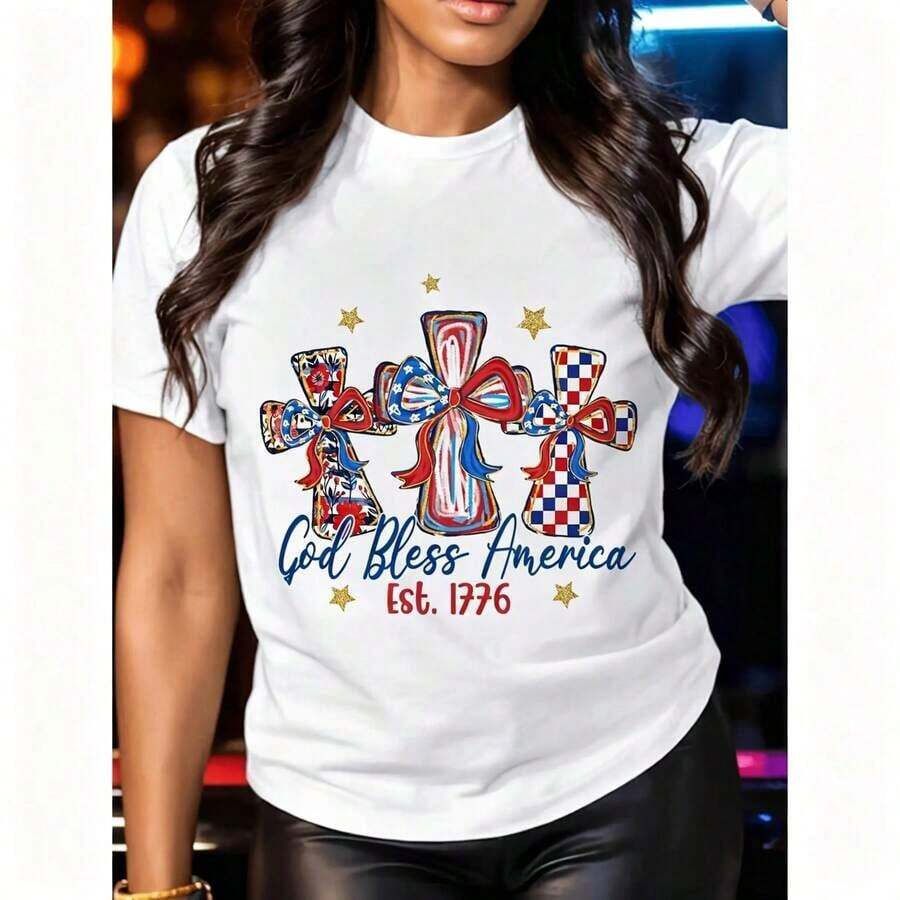 100% Pure Cotton T-Shirt, Modern Minimalist Style, Women's "God Bless America" T-Shirt, 250 Years Of America, 250th Anniversary Of The United States, Gift T-Shirt For The 4th Of July, Independence Day, Casual And Comfortable Summer Style, Women's T-Shirts - 白色 2 - 查看 1