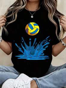 Camiseta de Moda para Mujer con Diseño de Salpicaduras de Voleibol, Ropa Casual de Verano, Atuendo Deportivo de Playa, Top Ligero y Cómodo para un Estilo de Vida Activoblusa casual mujer - Negro - Ver 7