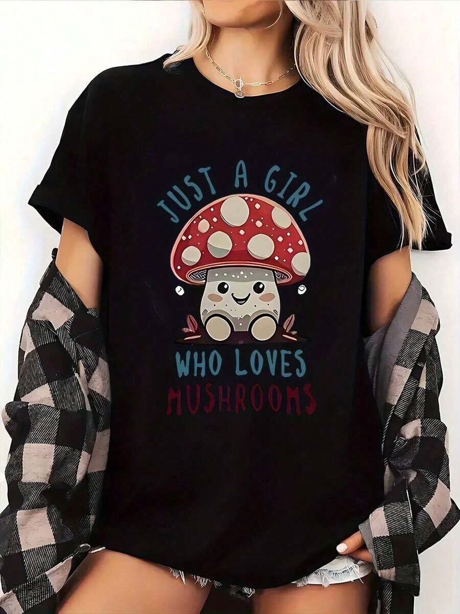 Under The Radar - Camiseta Casual de Cuello Redondo para Mujer con Estampado de Hongos, Tejido de Punto, Suave y con Microelasticidad, Diseño de Plantas para Otoño/Invierno, Largo Regular - Uso Diario - Estilo Urbano Vintage Unisex, Camiseta Holgada de Algodón de Manga Corta y Cuello Redondo - Negro - Ver 1