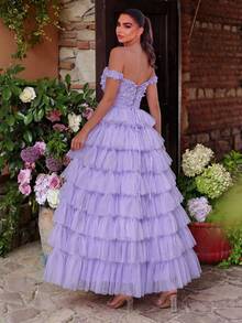Open Shoulder Embroidered Corset With Layered Ruffle Mesh, Perfect For Back To School Dances, Parties, Galas And Cocktail Events Party Spring Wedding - Lilac Purple - View 3