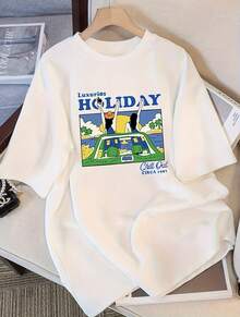 ropa de mujer Camiseta de manga corta con estampado de letras de dibujos animados para mujer Y2K, nueva moda de verano, top Y2K versátil de cuello redondo y corte holgado, camisas de mujer - Blanco - Ver 1