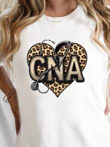 Camiseta Casual para Mujer CNA, Estampado de Leopardo, Manga Corta, Cuello Redondo, Adecuada para Primavera y Otoño. S5BW - Blanco - Ver 6