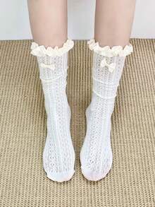 1/2 Pairs Spring/Summer Thin Sweet Lace Ruffle Bow Soft Knit Mid-Calf Socks - Multicolor - View 4