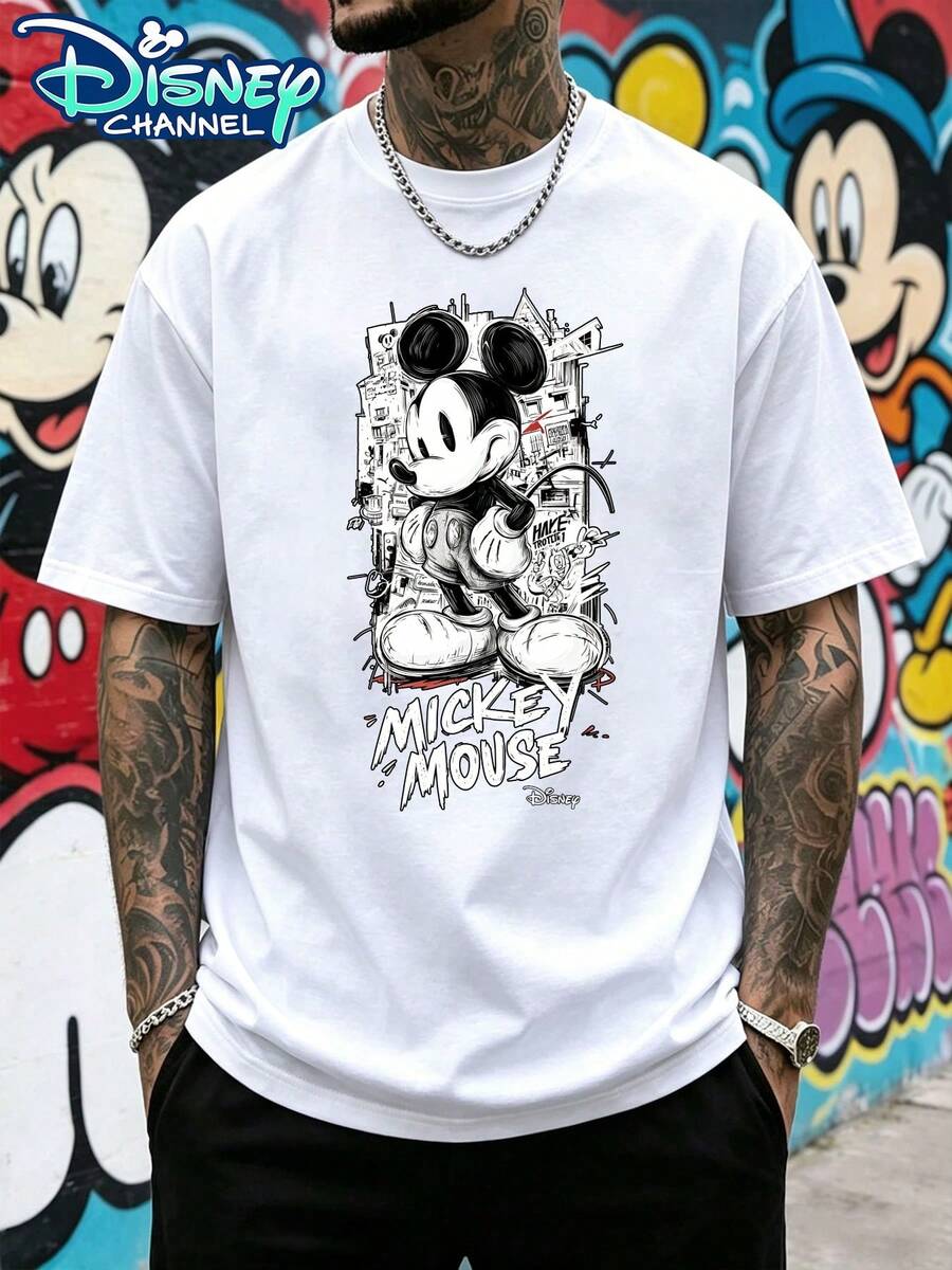 DISNEY MICKEY MOUSE Black And White Graffiti T-Shirt Street Wind Cartoon Print Casual Short Sleeve, Men's Summer Casual Cotton T-Shirt, Men's And Women's Wear, Disneyland, Couples' Clothing, Everyday Wear, Street Wear, Vacation, Campus, Best Gifts - trắng - Xem 1