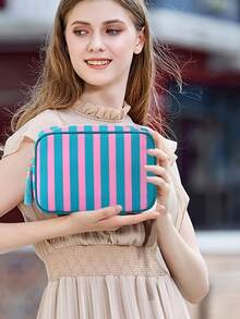 Bolsa de maquillaje personalizada con bordado a rayas, bolsa organizadora de viaje con nombre/texto bordado personalizado, bolsa de cosméticos colorida, bolsa de almacenamiento portátil multifuncional de gran capacidad con cremallera y colgante de borla, ligera y duradera - Multicolor - Ver 3