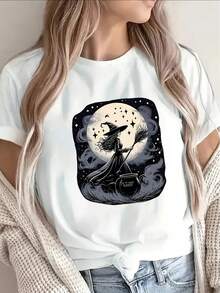 Una camiseta negra ligera y duradera, con un diseño de bruja y luna, es perfecta para ocasiones informales, ya sea en casa, al aire libre o en una fiesta, ofreciendo un uso diario cómodo. Adecuado para Halloween, 180g 100% Algodón - Blanco - Ver 11
