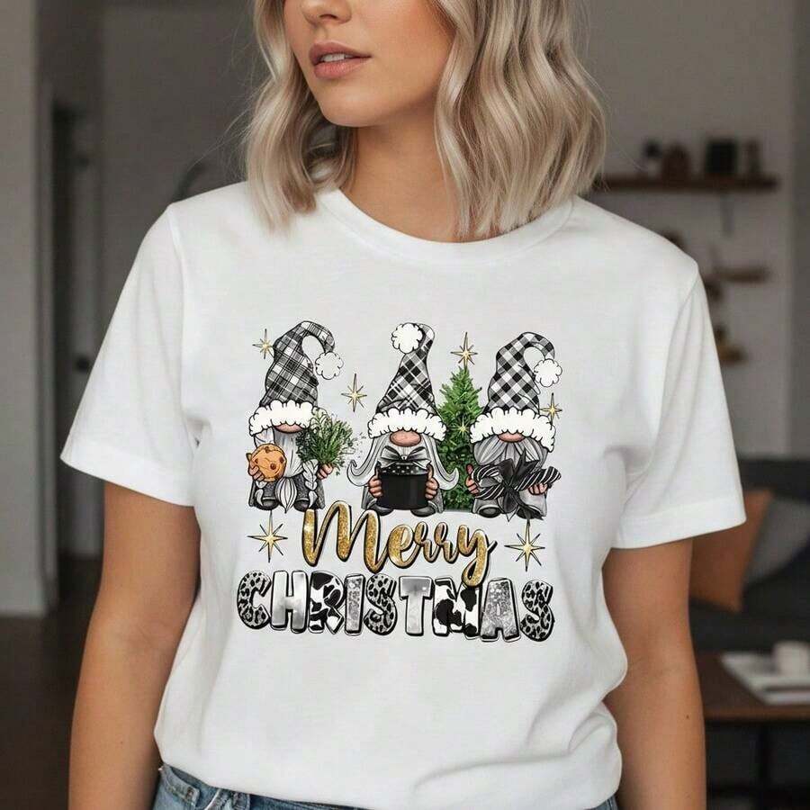 Women's Cotton T-Shirt With Christmas Gnome Print - Short Sleeve, Round Neck, Casual Style With Merry Christmas Graphic, Soft And Comfortable Basic T-Shirt For Christmas Parties, Sizes S-5XL, Cool Summer Clothes For Women - 白色 - 查看 1