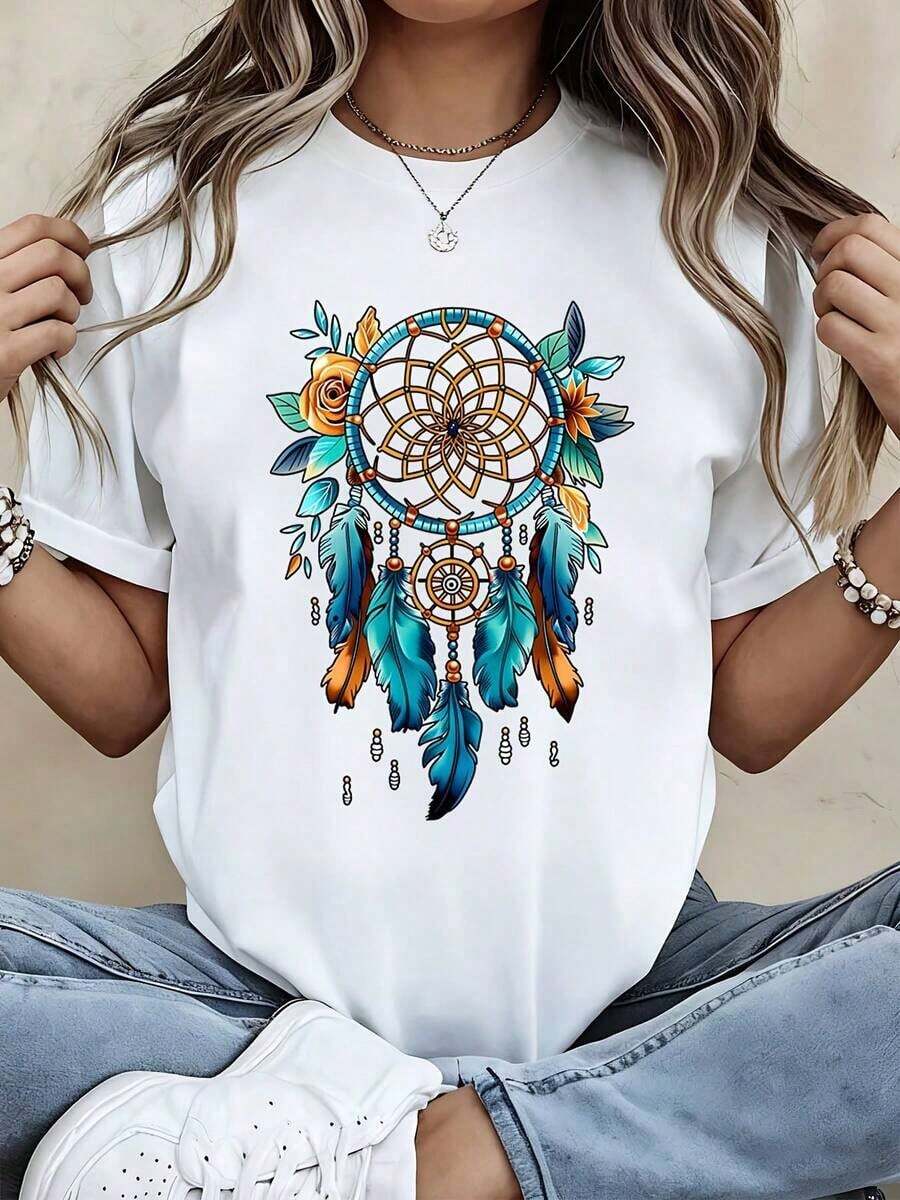 Camiseta con Estampado de Atrapasueños, Diseño de Plumas y Flores para Atuendos Casuales y Deportivos - Estilo Urbano Vintage, Unisex, de Algodón, Manga Corta, Cuello Redondo, 100% Algodón - Blanco - Ver 1