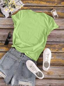 Camiseta de Mujer Nueva y a la Moda 2026 con Estampado de Letras Españolas, Camiseta Casual de Primavera Verano, Cuello Redondo, Manga Corta, Camiseta Deportiva, Top de Mujer PEHB - Verde - Ver 2