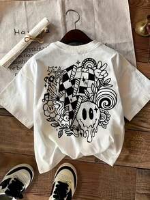 Camiseta de dibujo estampado, casual, cómoda, cuello redondo, manga corta, top para mujer - Blanco - Ver 7