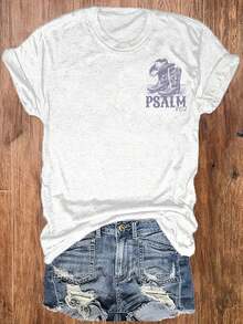 Camiseta con estampado gráfico, manga corta y cuello redondo, top casual para verano y primavera, ropa de mujer - Blanco - Ver 3
