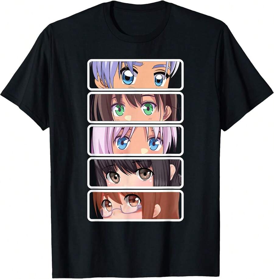 Camisetas de moda nuevasManga Japanese Anime Graphic Faces Eyes T-Shirt,Camisas para mujer, la opción perfecta para los atuendos del Día de San Valentín,camisetas gráficas divertidas para hombre, camisetas gráficas de estilo coreano,camisas para niñas, camisetas para niños. - Negro - Ver 1