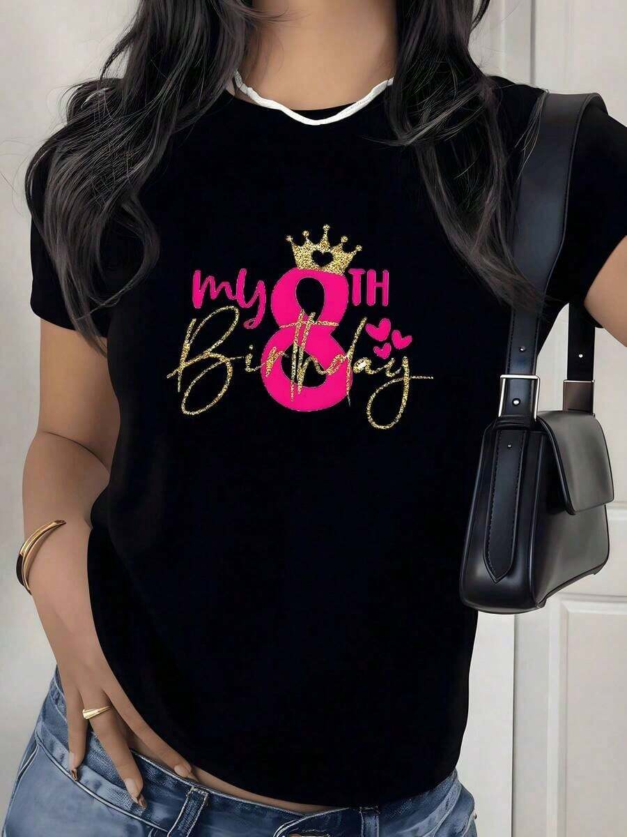 Camiseta con estampado gráfico de corona de cumpleaños, 220g, 1 pieza, para celebración del 8º cumpleaños, estilo casual para mujer, 100% algodón, estilo brillante, estilo vintage urbano, unisex, holgada, de manga corta, cuello redondo, 100% algodón. - Negro - Ver 1