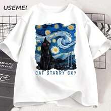 1 pieza Camiseta Básica Unisex de Algodón con Diseño de Gato y Cielo Estrellado, 180g, 100% Algodón - Por lo tanto - Ver 5