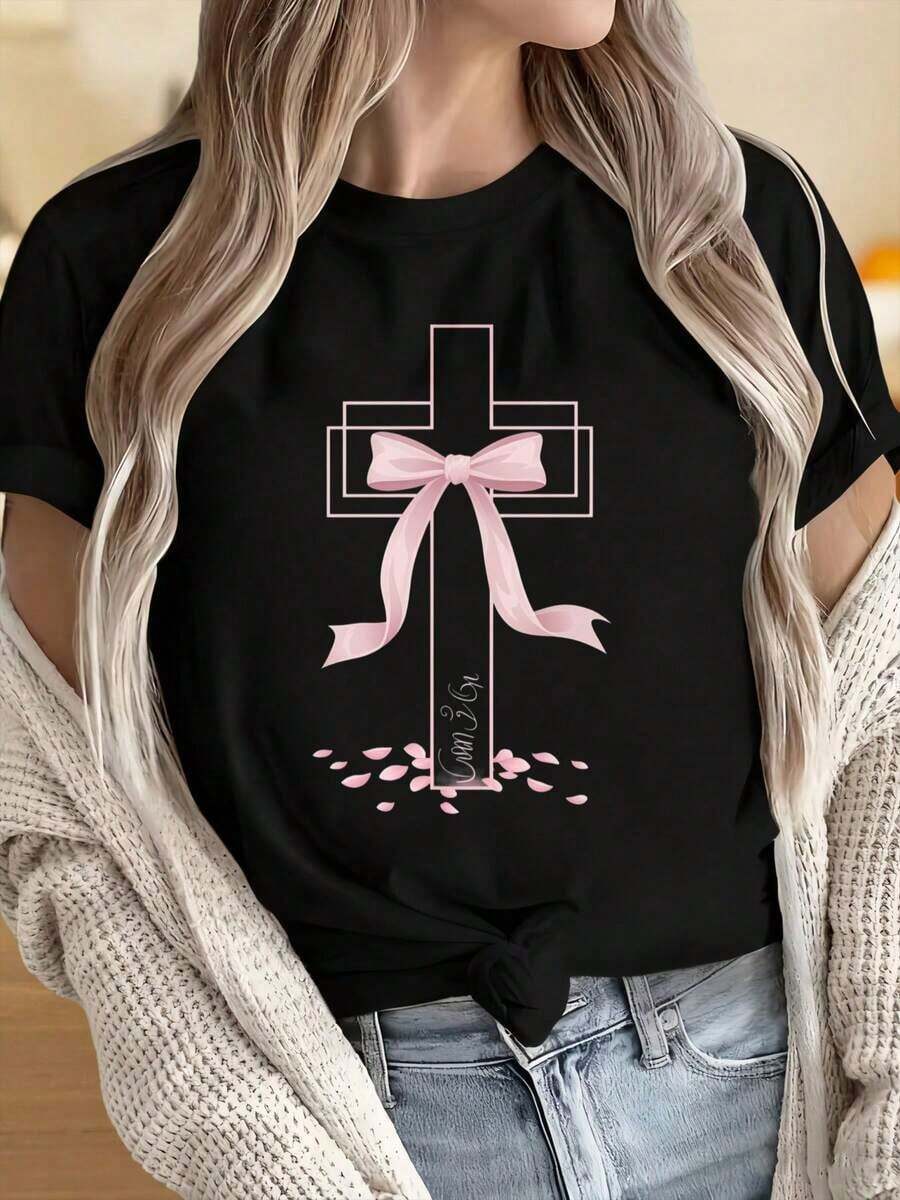Women's And Men's Round Neck Short Sleeve T-Shirts, Christian Cross Design With Pink Ribbon And Petals, Women's Faith-Inspired Design T-Shirt, Comfortable Casual Wear For Everyday Style, Fun Prints Ideal For Christmas Parties, Sports Activities, New Year's Eve Parties, Outings, Sports And Other Festive Gifts. - 黑色 - 查看 1