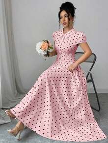 xheElenzga Vestido maxi elegante y vintage de estilo empresarial y casual para vacaciones, con estampado de lunares en blanco y negro, cuello vuelto, botones delanteros, hombros recogidos, mangas farol y falda acampanada, para primavera/veranoxhe - Rosa - Ver 3
