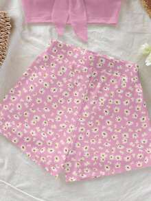 Conjunto de 2 piezas de mujer con estampado floral minimalista azul marino, adecuado para vacaciones, conjunto de 2 piezas con estampado de margaritas para el verano - Rosa - Ver 3