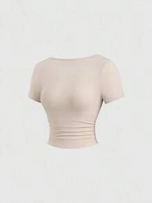Camiseta casual de mujer de unicolor con hombro asimétrico, manga corta y plisada - Multicolor - Ver 4
