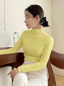Camiseta de mujer de cuello alto de color liso para el verano - Amarillo - Ver 6