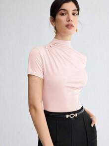Camiseta de manga corta elegante de unicolor para mujer, casual de negocios para damas, maestras, oficina, escuela, top básico - Rosa - Ver 4