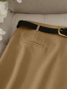 Pantalones con falda asimétrica de moda casual para ir al trabajo, pantalones cortos multifuncionales para mujer, pantalones con falda a juego sin cinturón - Marrón Mocha - Ver 3