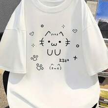 Camiseta de Moda con Estampado de Dibujos Animados UU, Blanca, de Manga Corta, con Diseño de Gato Lindo, Estilo Casual de Verano, Ropa Urbana Harajuku - Blanco - Ver 2