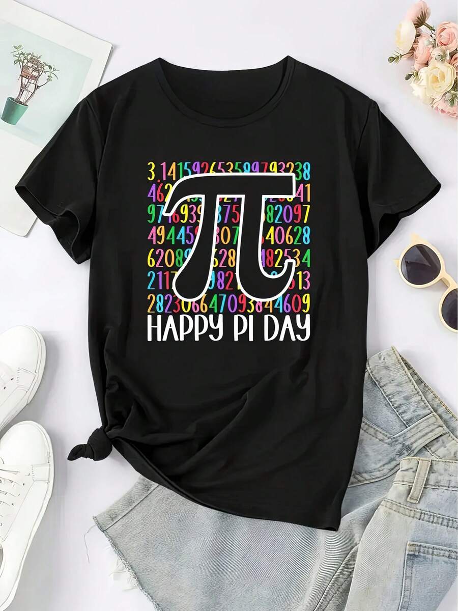 Camiseta Casual de Manga Corta con Cuello Redondo y Estampado Gráfico, Perfecta para Verano y Primavera, Diseñada para Mujeres. Camiseta de Algodón Familiar Coordinada. - Negro - Ver 1