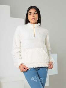 Women's Plush Teddy Blouse With High Neck, Zipper, And Front Pocket - Casual And Elegant For Winter - White - View 2