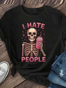 [Camiseta de Mujer con Estampado de Calaveras] Camisetas de Manga Corta para Mujer con Diseño de Calaveras Rosadas |     Camisetas estampadas de cuello redondo casuales de verano para primavera y verano, ropa fresca de verano para mujer. - Negro - Ver 6
