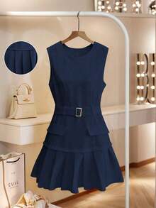 Vestido de tejido blanco de corte elegante, estilo francés, con cuello redondo, sin mangas, cinturón en la cintura, dobladillo plisado para mujeres, ideal para primavera/verano, negocios casuales, graduación - Azul marino - Ver 1