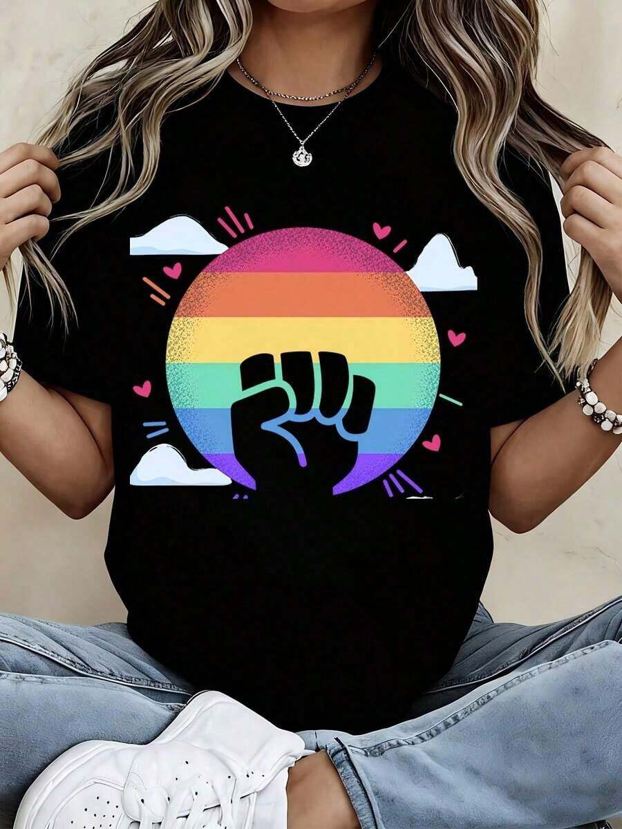 Camiseta con Diseño de Puño Arcoíris para Atuendos Casuales y Deportivos - Estilo Urbano Vintage Unisex, Camiseta de Manga Corta de Algodón 100% con Cuello Redondo - Negro - Ver 1