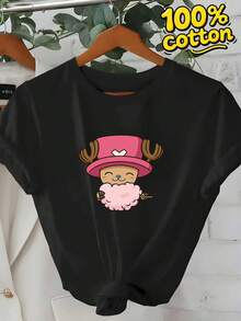 Camiseta de Mujer de Cuello Redondo con Estampado de Dibujos Animados, Manga Corta, Diseño de Anime, Elástica, Estilo Candy, Top de Media Manga, Moda GráficaDaily Casual Round Neck Short Sleeve-Shirt Women - Negro - Ver 1