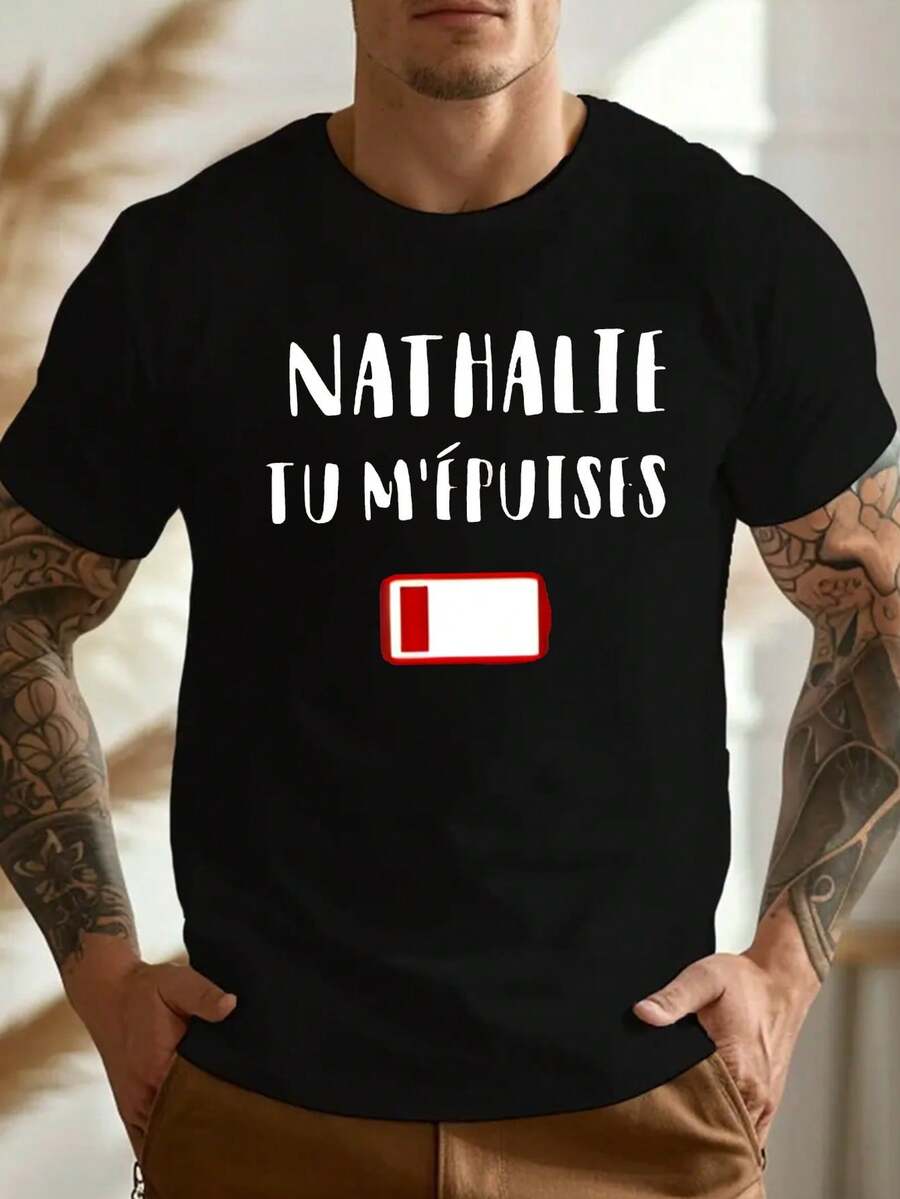 Camiseta de hombre de talla grande con diseño arrugado y estilo francés divertido - Negro - Ver 1