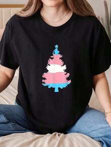 100% Cotton, Women's T-Shirt, Unisex T-Shirt With Transgender Flag And Christmas Tree Print, Round Neck, For Christmas Celebrations, Parties And As A Gift Idea, Washable, Casual Wear For Daily Life And Events. - 黑色 - 查看 1