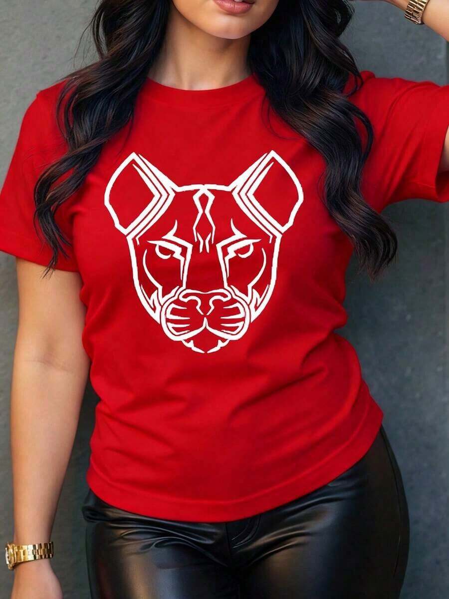 Comfortable Women's T-Shirt With Abstract Lion Graphic Print, Modern And Elegant Design, Ideal For A Casual And Sophisticated Look, Available In Various Sizes And Colors. Fashionable All-Match Women's Short Sleeve T-Shirt, Basic Style For Inner & Outer Wear - 紅色的 - 查看 1