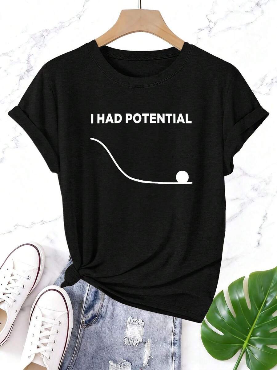 Camiseta con Estampado "I Had Potential" - Camiseta Casual de Manga Corta con Cuello Redondo para Verano y Primavera, Ropa de Mujer, Camiseta con Estampado, Camiseta Casual de Manga Corta con Cuello Redondo para Verano y Primavera, Ropa de Mujer - Negro - Ver 1