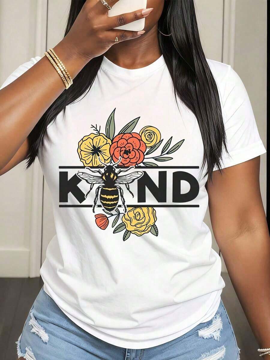 Camiseta Casual de Manga Corta para Mujer con Estampado de Abejas y Flores para Uso Diario y Salidas - Blanco - Ver 1
