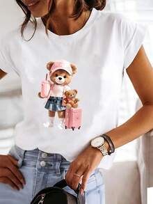 Women's T-shirt Top de manga corta para mujer, con estampado de oso de dibujos animados de verano, cuello redondo ajustado y a la moda. - Blanco - Ver 7