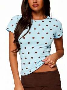 Polka Dot Tops For Women Y2K Long Short Sleeve Tee Crop Top Vintage Cute Slim Fit Crew Neck Shirt Going Out Streetwear - 短袖-藍色 - 查看 2