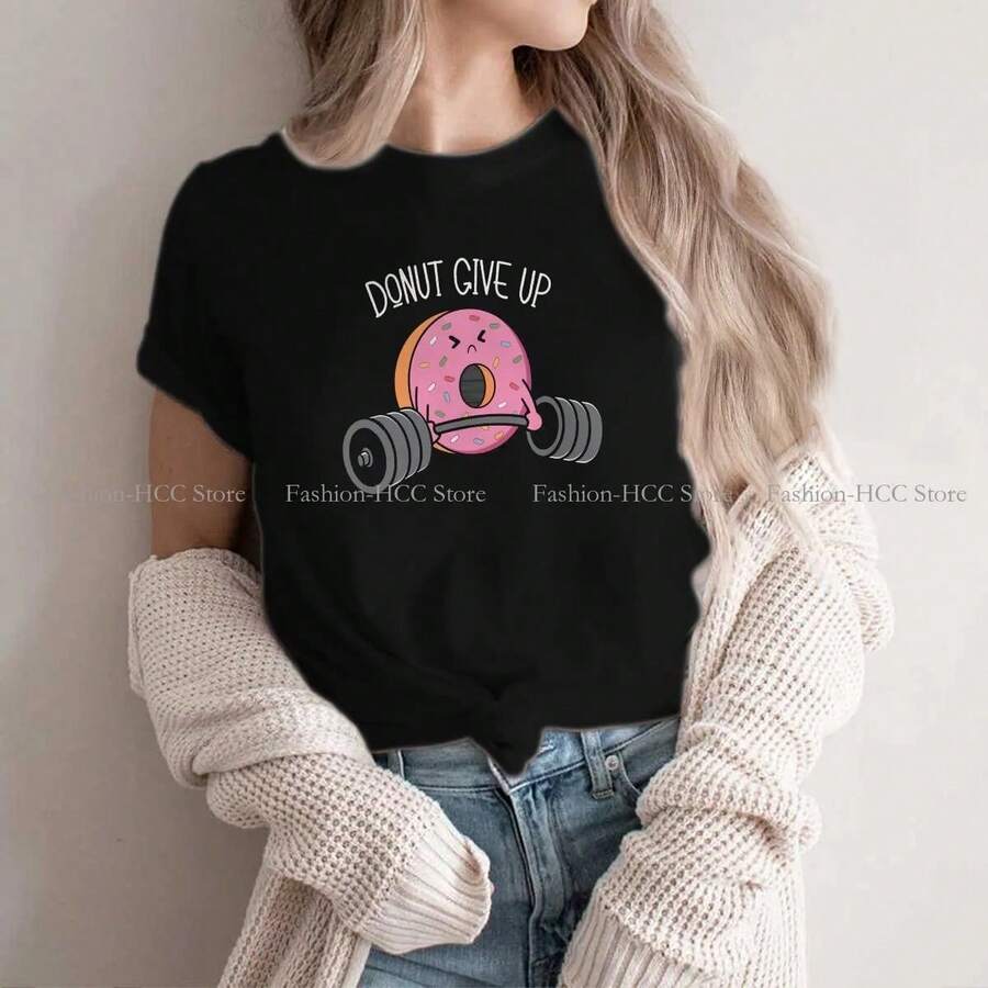 Camiseta de poliéster para mujer con diseño de donut, ideal para crossfit, levantamiento de pesas, humor y ocio. Sudadera novedosa. - Negro - Ver 1