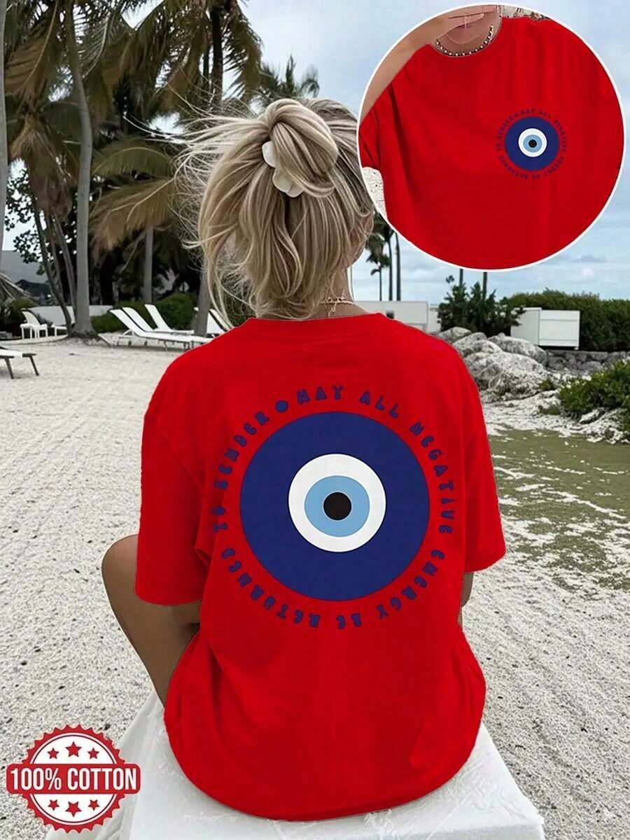 Camiseta clásica [estampado a doble cara] de verano, holgada y casual para mujer, estilo, con estampado de ojo turco, anillo y la frase TO SENDER MAY ALL NEGATIVE ENERGY, cuello redondo, manga corta, hombros caídos, camiseta de algodón de gran tamaño,% algodón, blusas casuales de verano para mujer. - Rojo - Ver 1