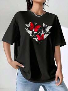 Women's Clothing 1 Piece Red T-Shirt For Women Made Of Soft Fabric - Soft And Breathable Casual Top For Everyday Wear, Loose Fit - Ideal Gift Option For Easter And Mother's Day - An Essential Piece For Every Season, With A Geometric Butterfly Print And Short Sleeves - 100% Cotton Women's Shirts - 黑色 - 查看 5