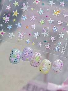 1 Sheet 5D Stereo Colorful Plaid Star Nail Stickers, Minimalist Colorful Pentagram Self-Adhesive Nail Stickers, DIY Nail Art Decor Stickers - Multicolor - View 3