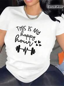 1 camiseta de manga corta para mujer |   Material de fibra, ligero y duradero, este es mi diseño deportivo Happy Time, perfecto para el gimnasio, el hogar o para uso casual. Estampado en tela, cómodo y adecuado para actividades diarias, cuello redondo, elasticidad media, 180g 100% algodón. - Negro - Ver 6