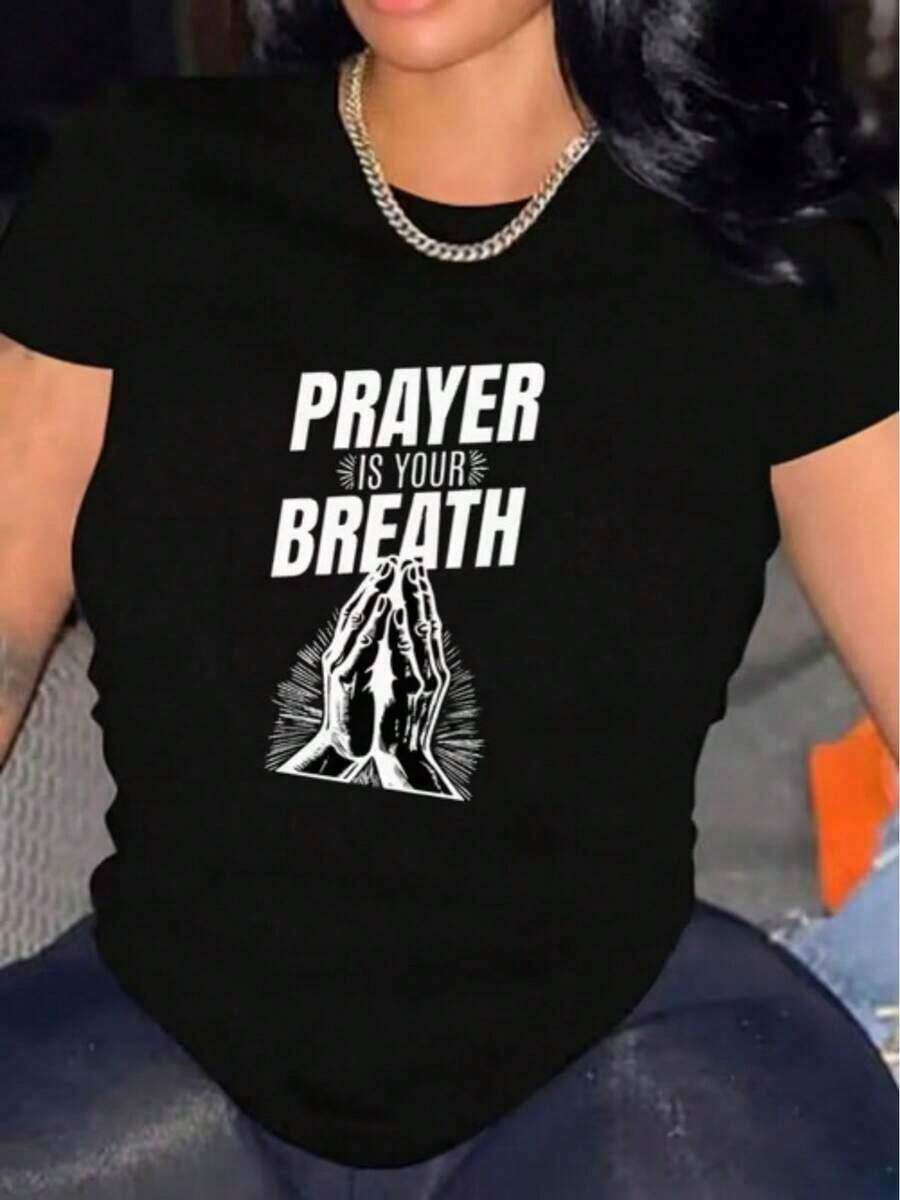 Camiseta de mujer, adecuada para uso casual diario, estampada con las palabras "La oración es tu aliento, manos unidas en oración", ideal para el ocio diario. - Negro - Ver 1