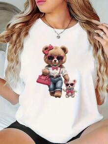 Camiseta Casual de Mujer con Estampado de Oso Adorable - Top de verano de manga corta con un adorable diseño de cara de oso, estilo casual de cuello redondo, tela de elasticidad media (no es de algodón puro), lavable a máquina, adecuada para uso diario y para combinar con otras prendas. - Blanco - Ver 7