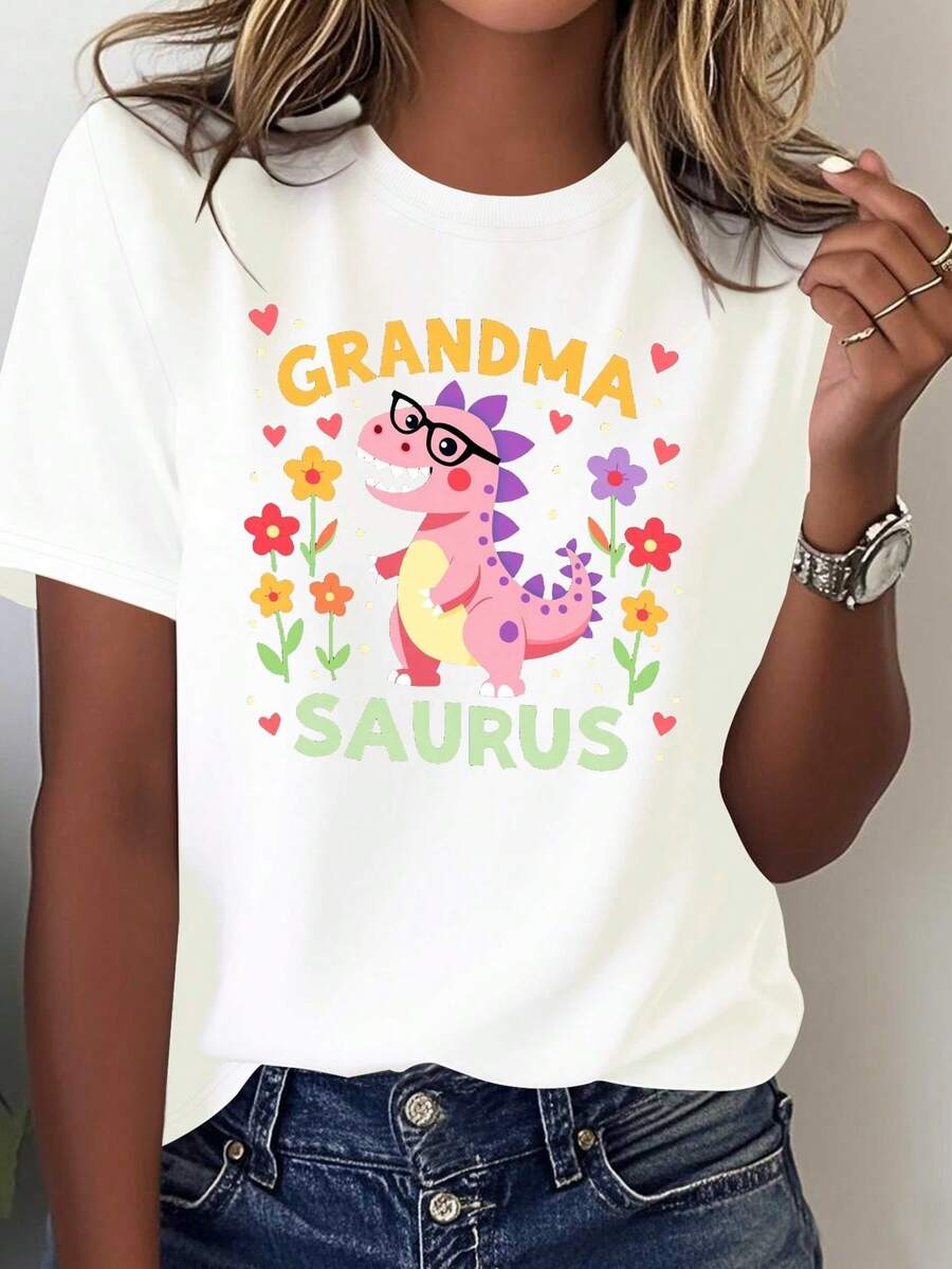 Women's 100% Cotton Graphic T-Shirt – Casual Short Sleeve T-Shirt With Round Neck And Floral And Letter Print Blouses For Women - 白色 - 查看 1